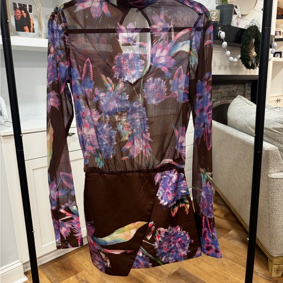 Rococo Sand Brown Floral Long-Sleeve Mini Dress with Purple Print - Picture 4 of 9